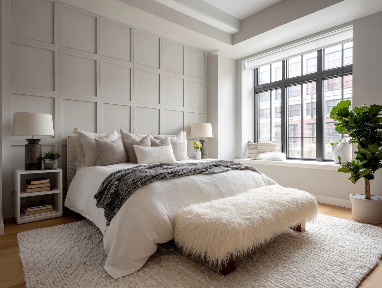 Modern soundproofed bedroom with large windows and soft neutral decor.